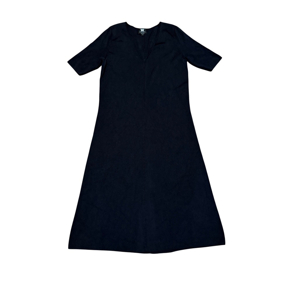 W by Worth Black Knit V-Neck A-Line Midi Dress Short Sleeve S Small Career Work